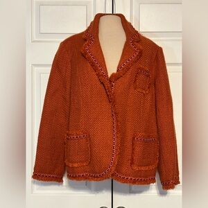 Dialogue QVC Style Blazer Suit‎ Jacket Size 18W Orange Fringe Edge Tweed Preppy